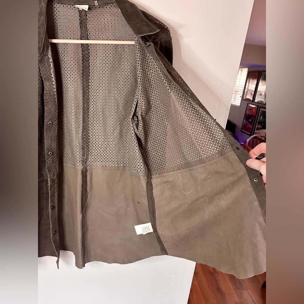 ECRU Brown Suede Perforated Button Down Overshirt Shacket Boho Western | Size L - Picture 11 of 16